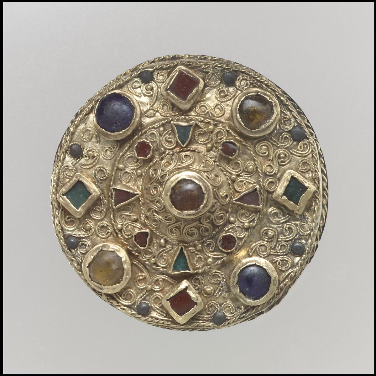 Disk Brooch, Gold sheet with filigree and glass inlays, Frankish 