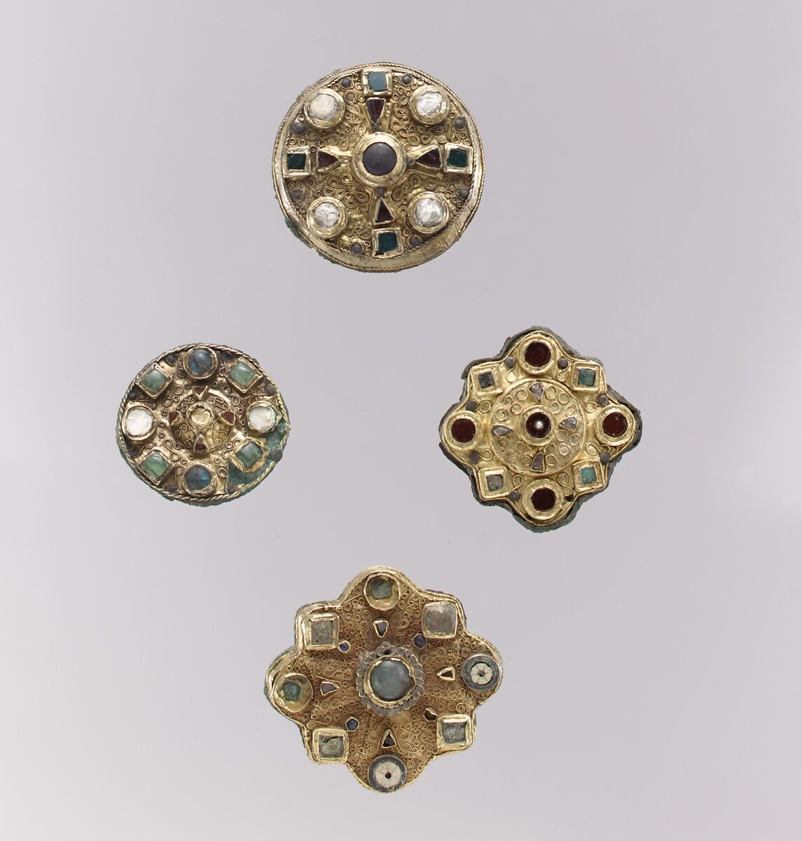 Disk Brooch, Gold sheet with filigree and glass inlays, Frankish