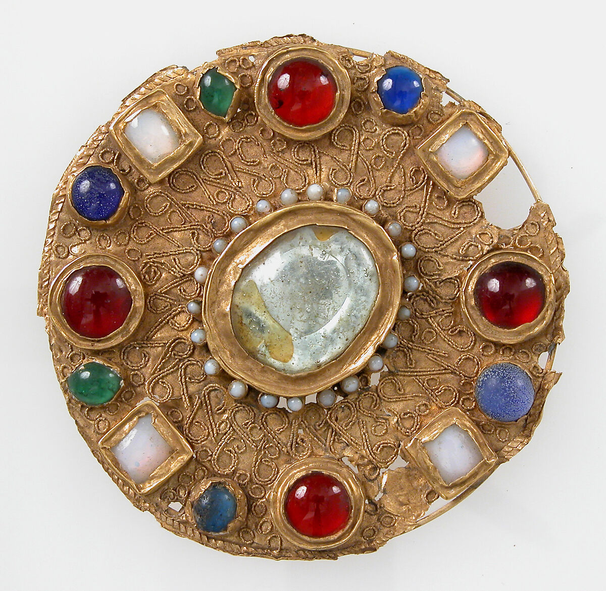 Disk Brooch, Gold, wire, glass paste cabochons, Frankish 