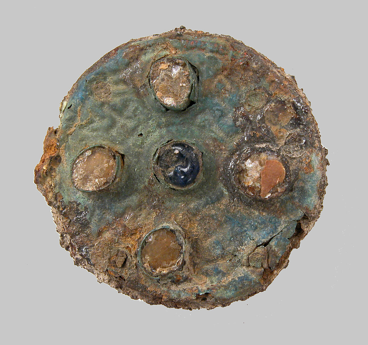 Disk Brooch, Copper alloy, iron core, glass paste or stone, evidence of gold foil, Frankish 