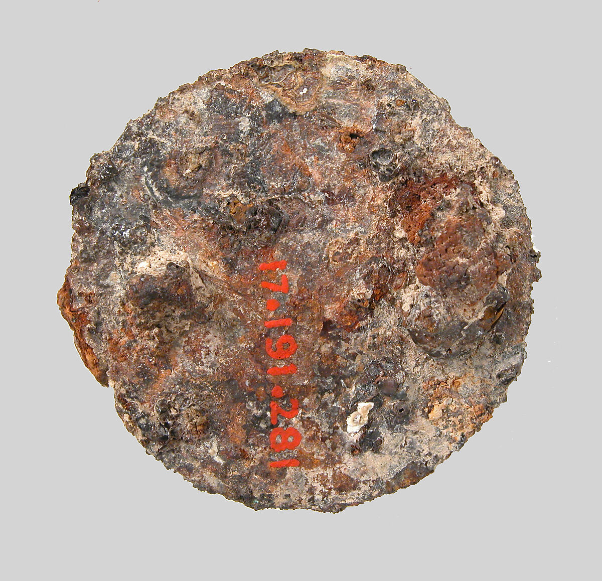 Disk Brooch, Copper alloy, iron core, glass paste or stone, evidence of gold foil, Frankish