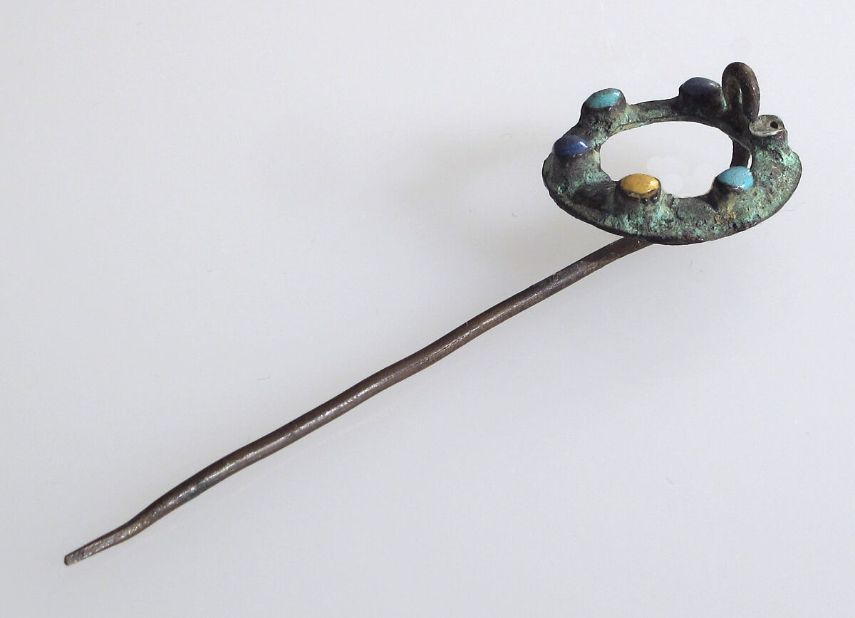 Pin, Copper alloy, glass cabochon, Late Roman