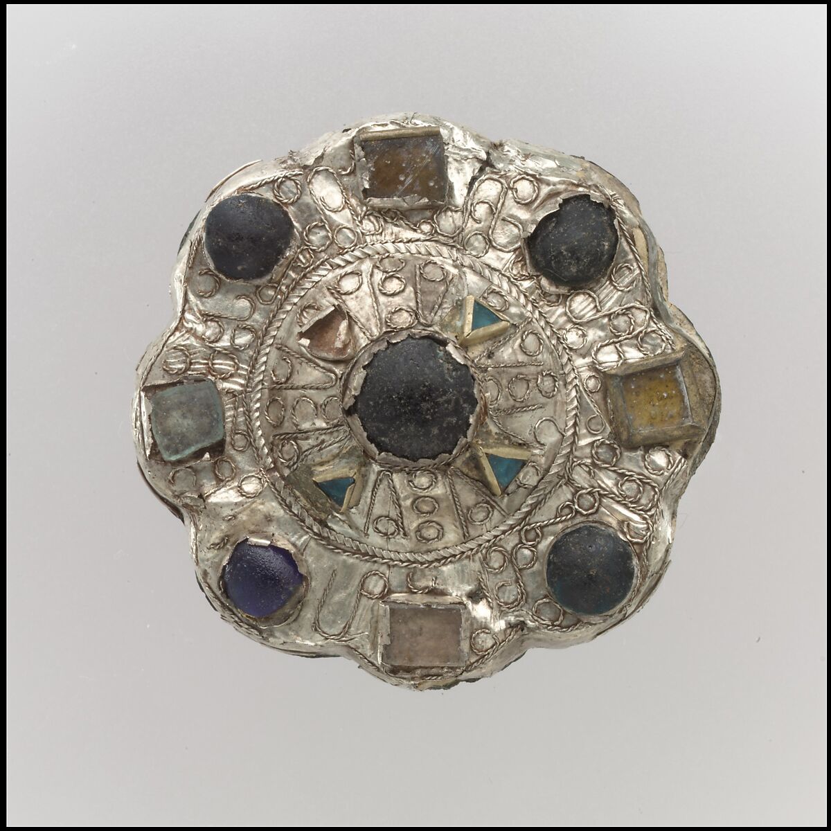 Disk Brooch, Silver sheet; blue, green and clear glass, Frankish 