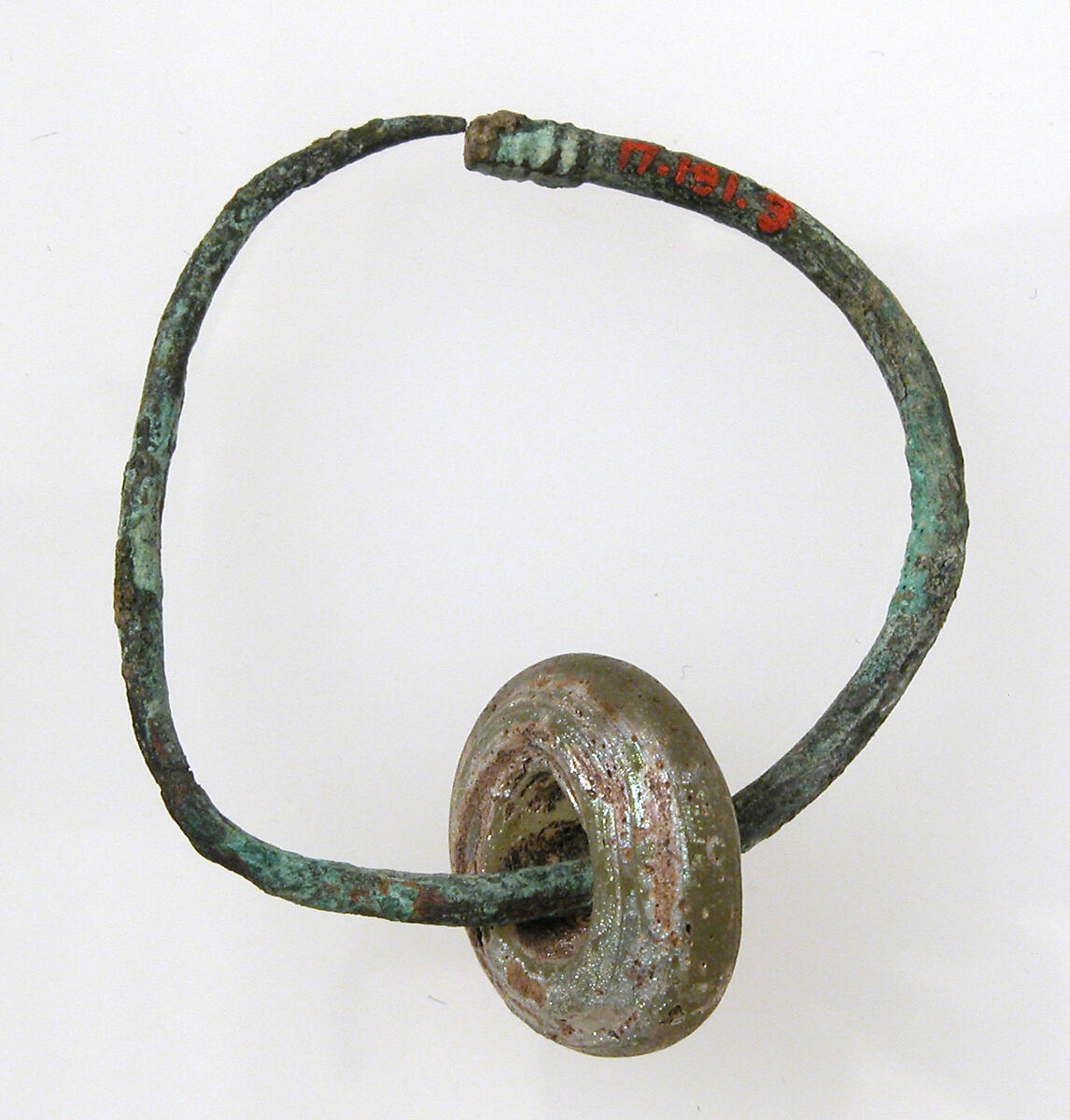 Earring, Copper alloy, glass bead, Late Roman 