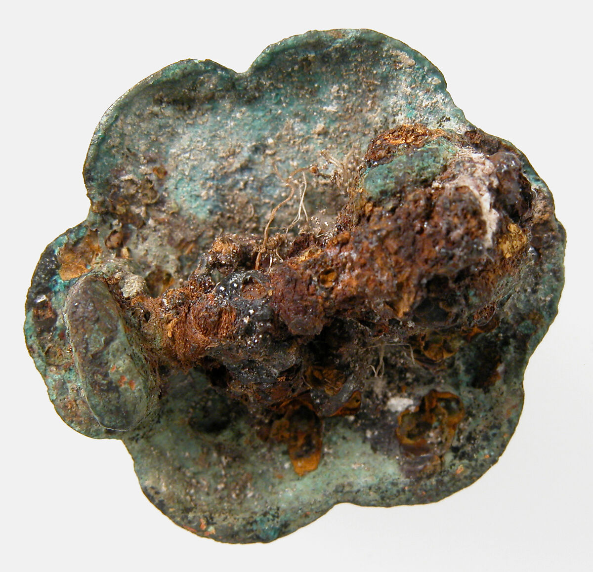 Rosette Brooch, Copper alloy, glass cabochon, iron pin, Frankish