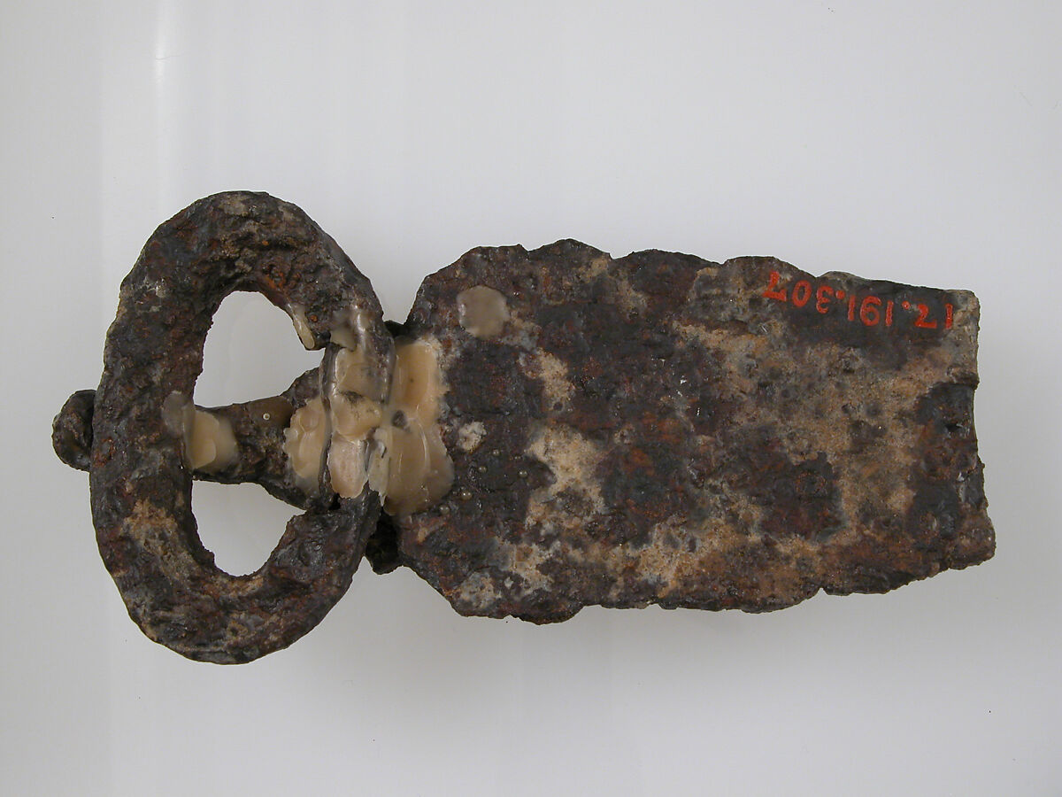 Belt Buckle, Iron, silver inlay, bronze nails, Frankish
