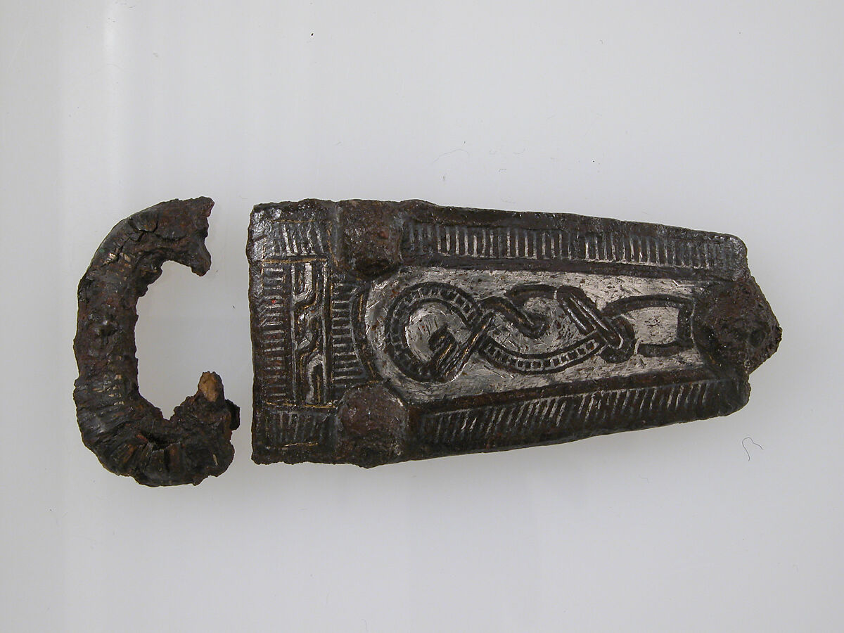 Plate and Loop of a Belt Buckle, Iron, silver inlay, brass inlay, Frankish 