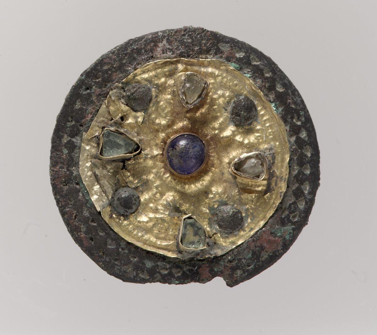 Disk Brooch, Gold, glass, copper alloy, glass paste cabochons, Frankish 