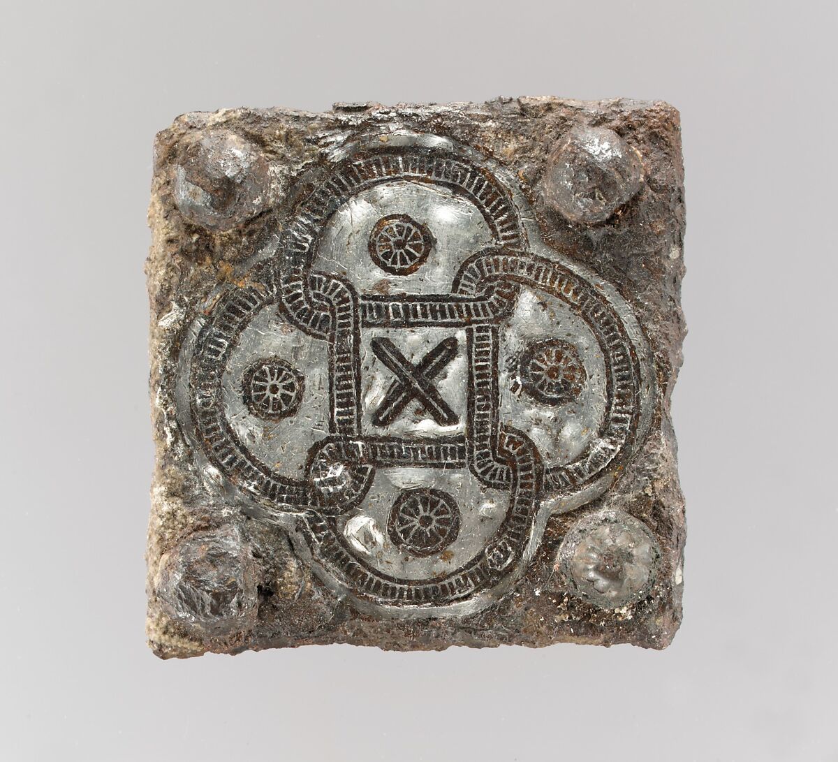 Back Plate from a Belt Buckle, Iron with silver inlay; one rivet a copper alloy (restoration?) …, Frankish 