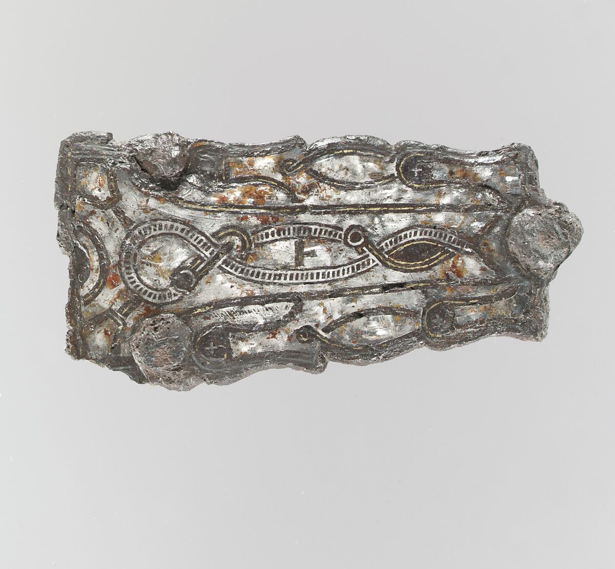 Counter Plate of a Belt Buckle, Iron, silver and brass inlay, Frankish 