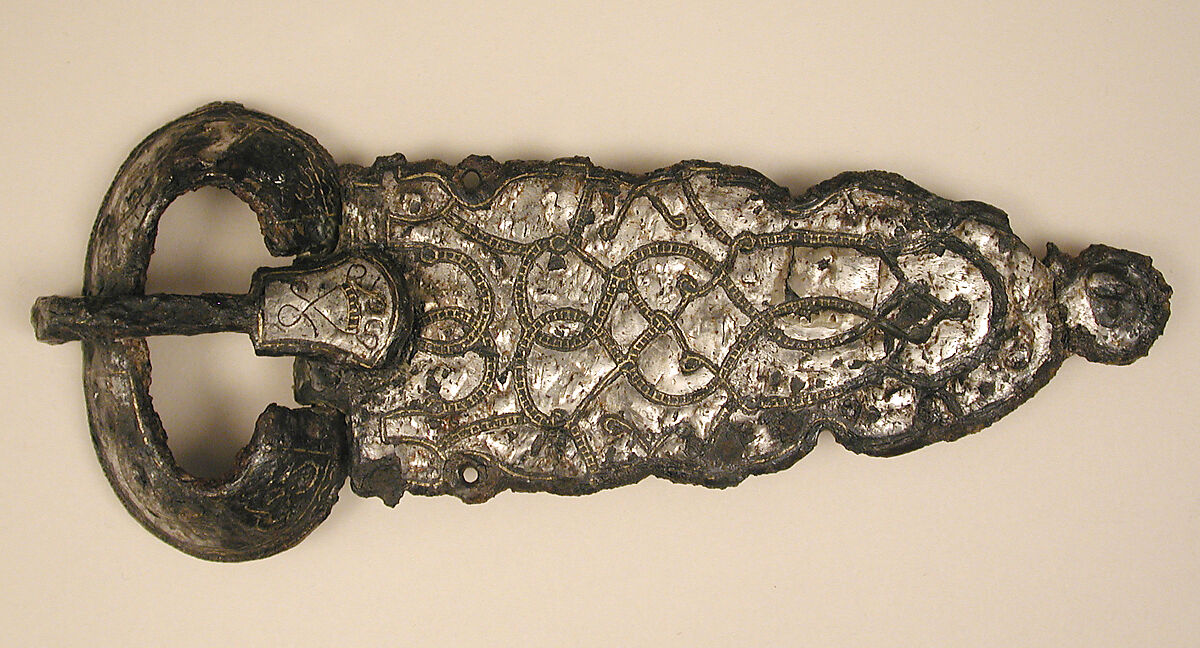 Belt Buckle, Iron, silver and copper alloy inlay, Frankish or Burgundian 