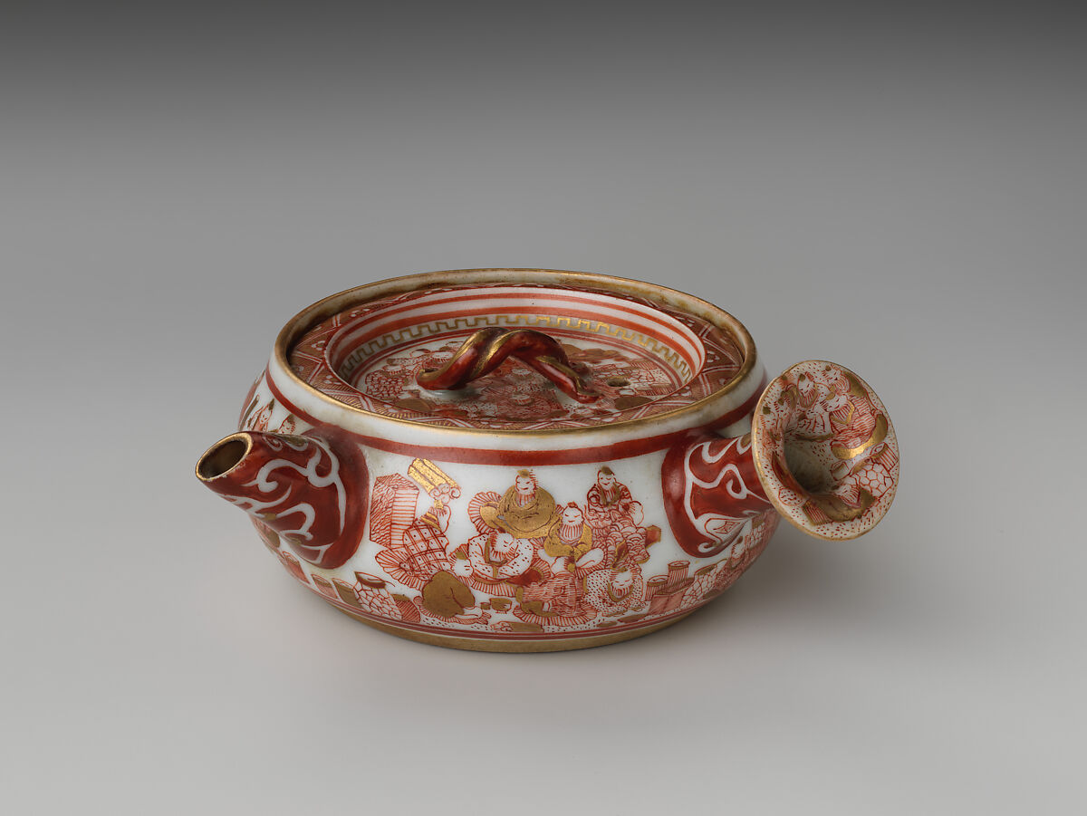 Sencha Teapot (Kyūsu) with Literati, Porcelain with red overglaze and gold decoration (Kyoto ware), Japan