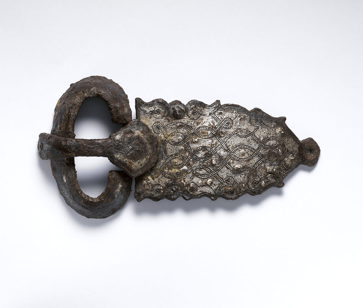 Belt Buckle, Iron overlaid, inlaid with silver, iron rivets, Frankish