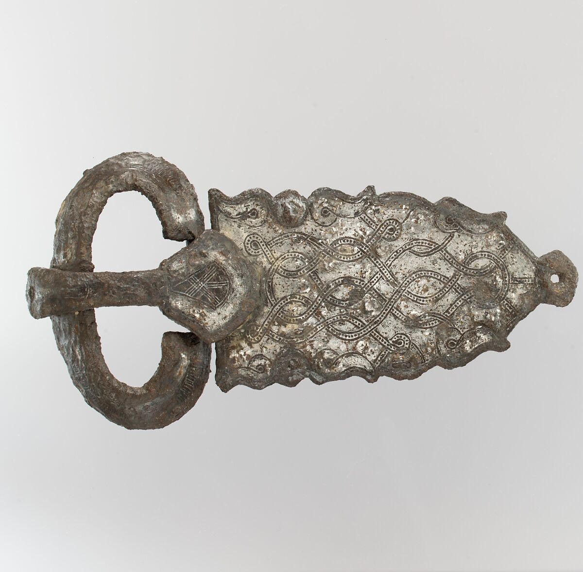 Belt Buckle, Iron overlaid, inlaid with silver, iron rivets, Frankish 