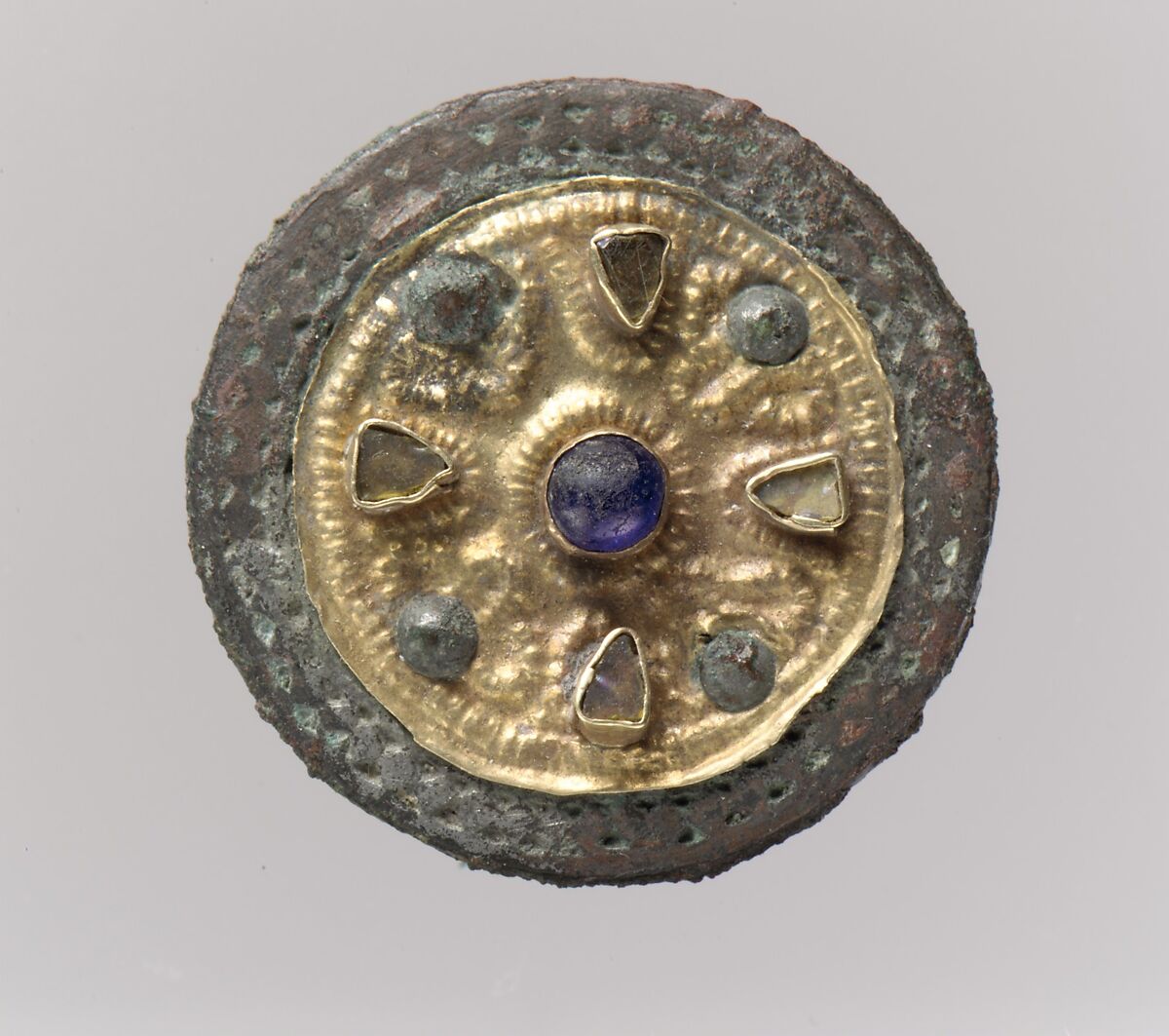 Disk Brooch, Gold, glass, copper alloy,  glass paste cabochons, Frankish 