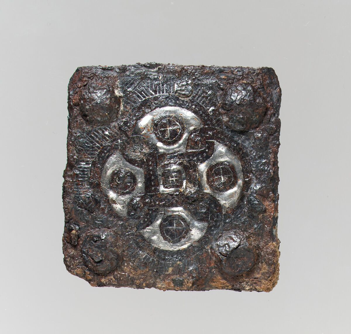 Belt Plate, Iron with silver overlay/ inlay; iron rivets with silver inlay in head, Frankish or Burgundian 