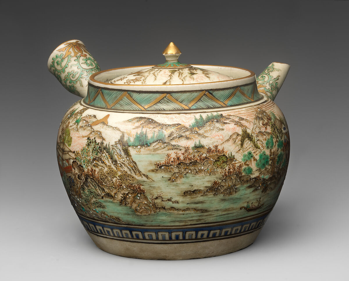 Teapot, Pottery covered with a transparent glaze, enameled designs (Hizen ware, Kutani type), Japan
