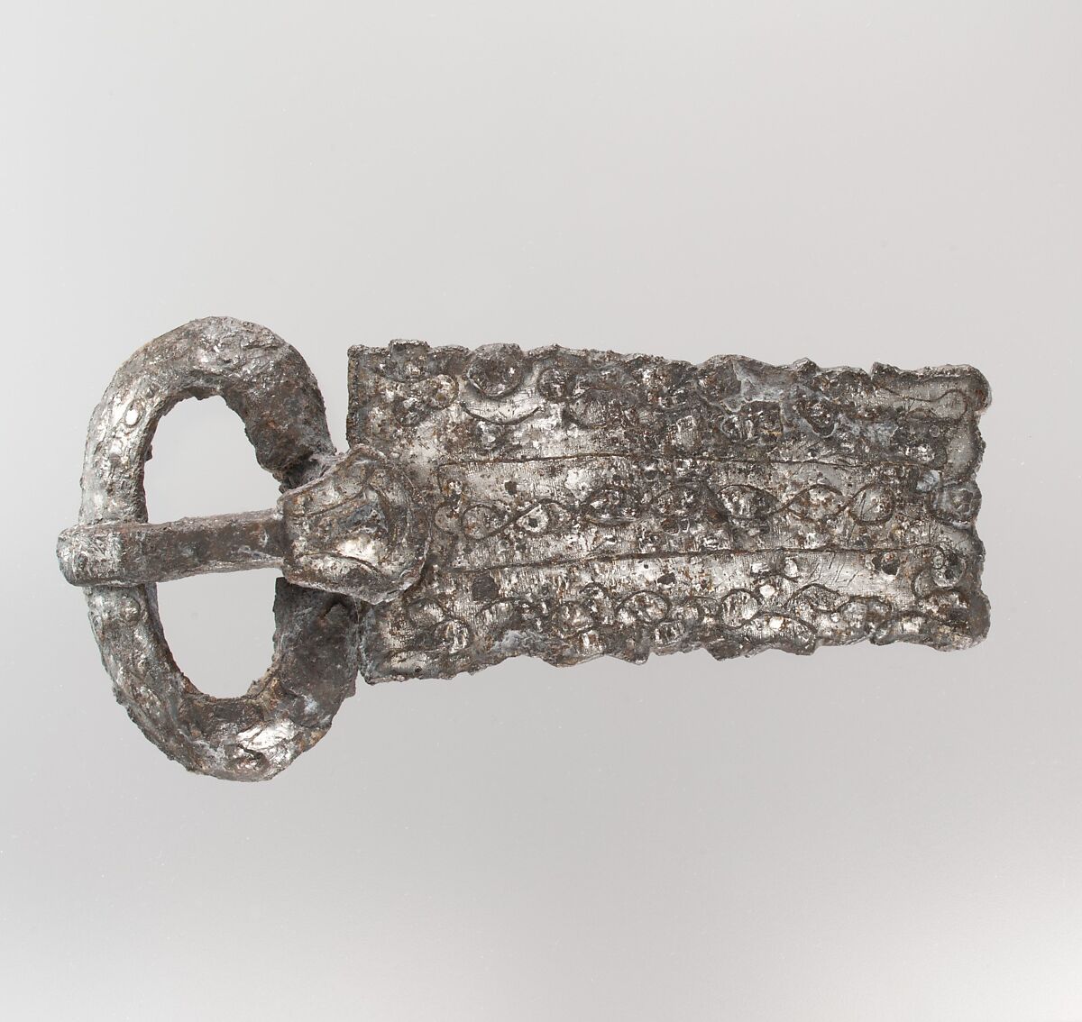 Belt Buckle, Iron, silver inlay, copper alloy, Frankish or Burgundian 