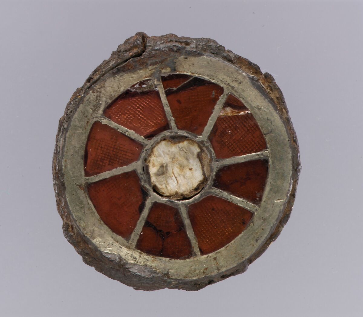 Disk Brooch, Silver-gilt on iron core, garnet, mother of pearl, Frankish 