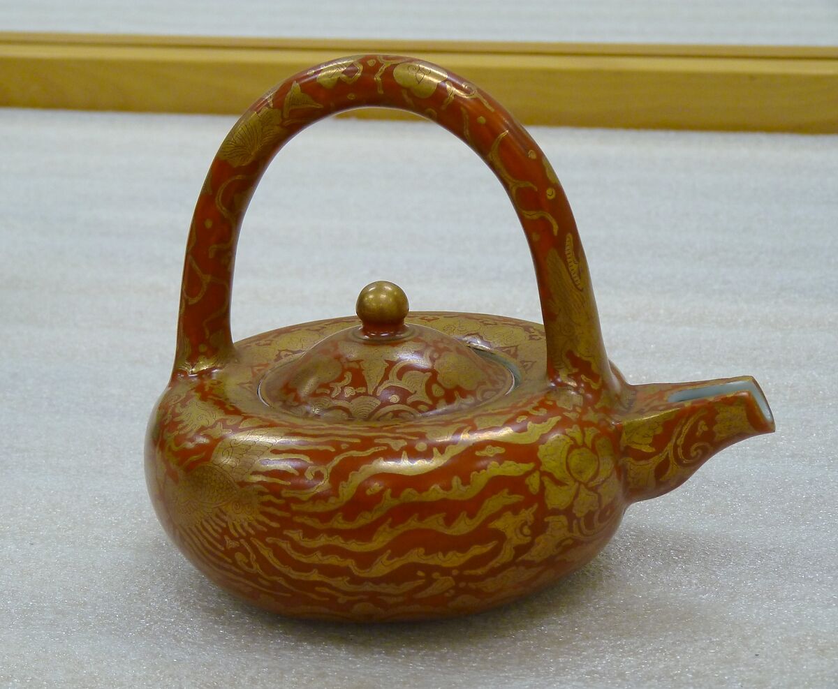 Sake Ewer (Chōshi) with Phoenixes and Auspicious Patterns, Eiraku Hozen (Japanese, 1795–1854), Porcelain painted with red and gold (kinrande) over a transparent glaze (Kyoto ware, Eiraku type), Japan