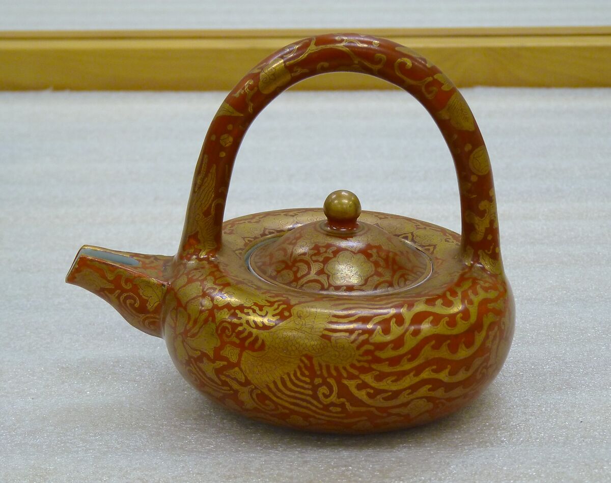 Sake Ewer (Chōshi) with Phoenixes and Auspicious Patterns, Eiraku Hozen (Japanese, 1795–1854), Porcelain painted with red and gold (kinrande) over a transparent glaze (Kyoto ware, Eiraku type), Japan