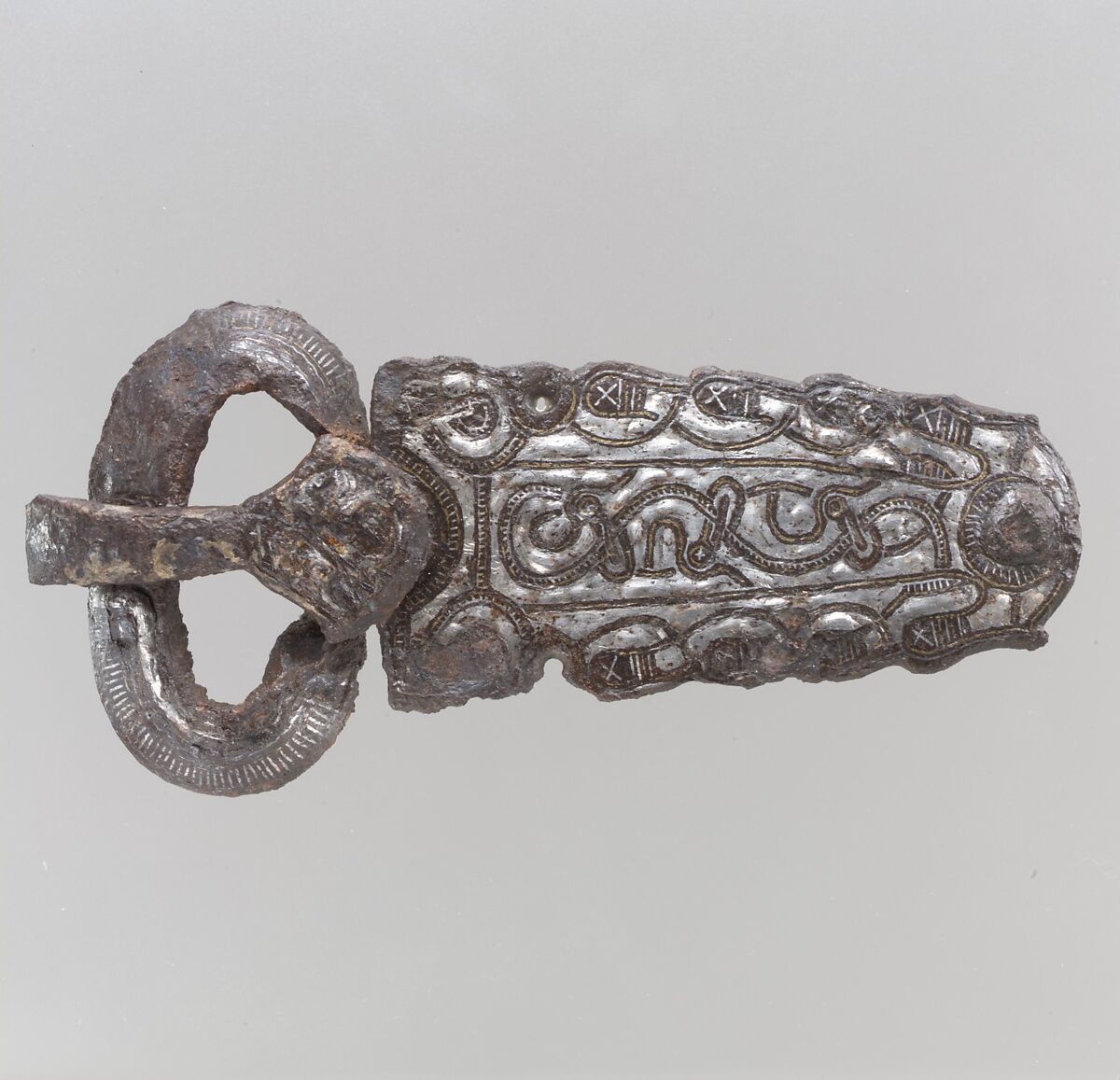 Belt Buckle, Iron, silver inlay, copper, silver, Frankish 