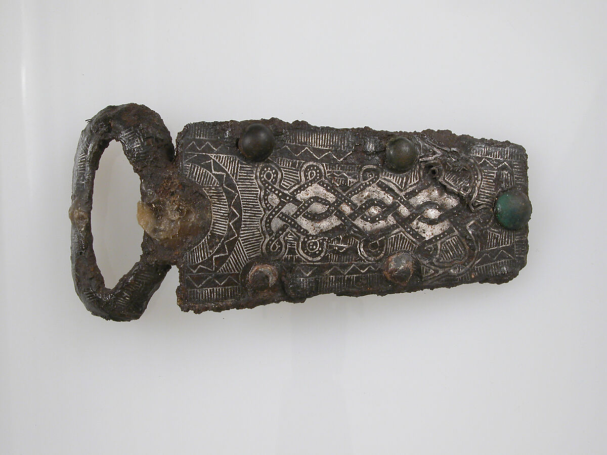 Belt Buckle, Iron, silver inlay, bronze, Frankish or Burgundian
