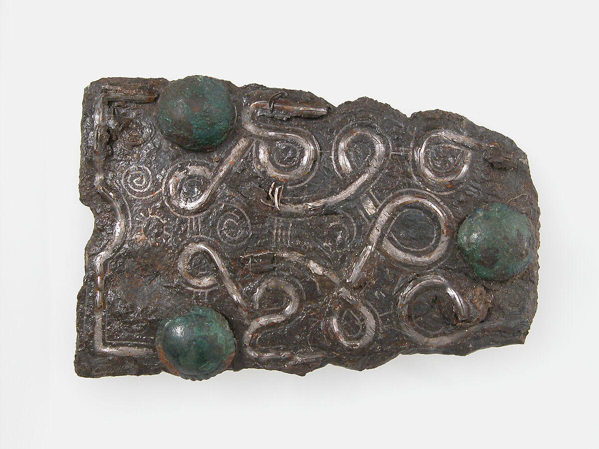 Counter Plate of a Belt Buckle, Iron, silver inlay, copper alloy bosses, Frankish 