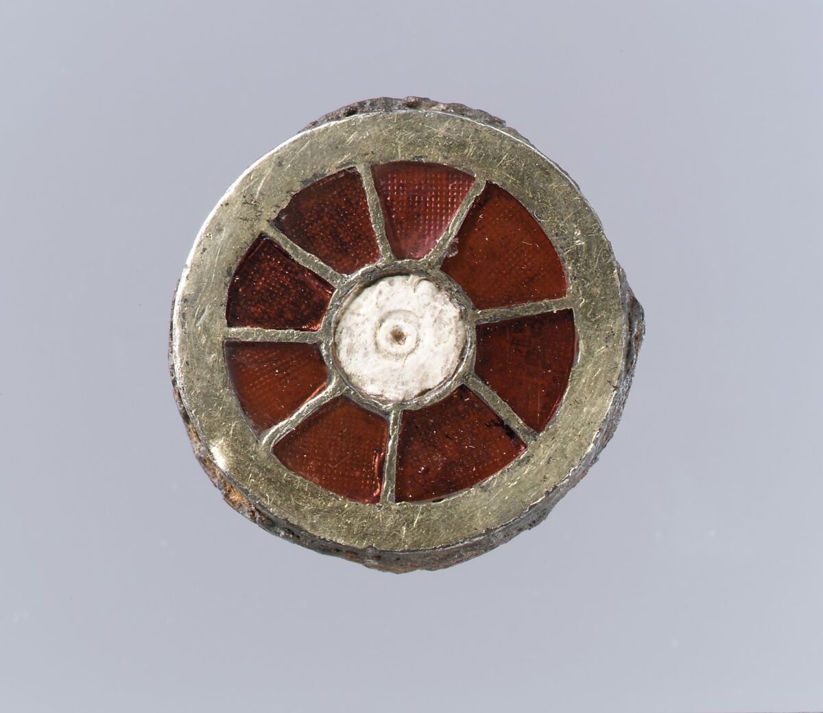 Disk Brooch, Silver-gilt on iron core, garnet, mother of pearl, Frankish 