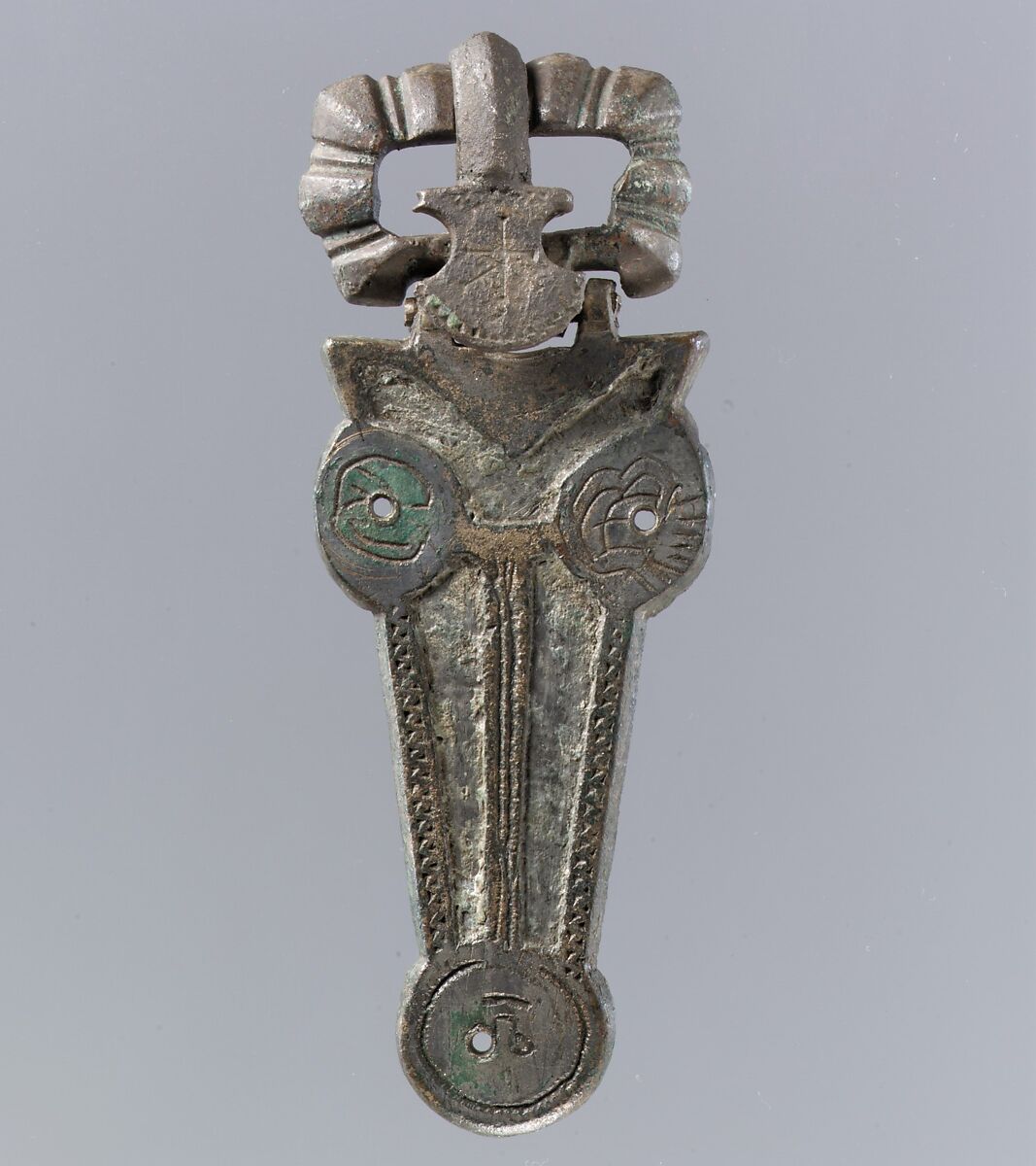 Belt Buckle, Copper alloy - tinned(?) surface, inlay lost, Frankish 