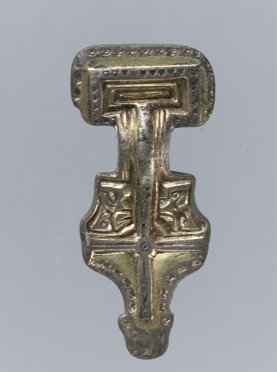 Miniature Square-Headed Brooch, Silver-gilt, niello; iron pin, Anglo-Saxon 