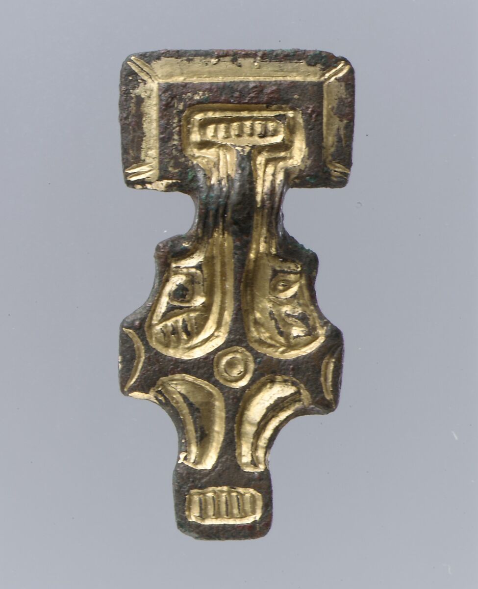 Miniature Square-Headed Brooch, Silver-gilt; iron pin, Anglo-Saxon 