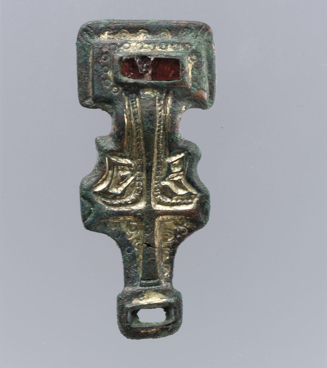 Miniature Square-Headed Brooch, Silver-gilt, garnet; iron pin, Anglo-Saxon 