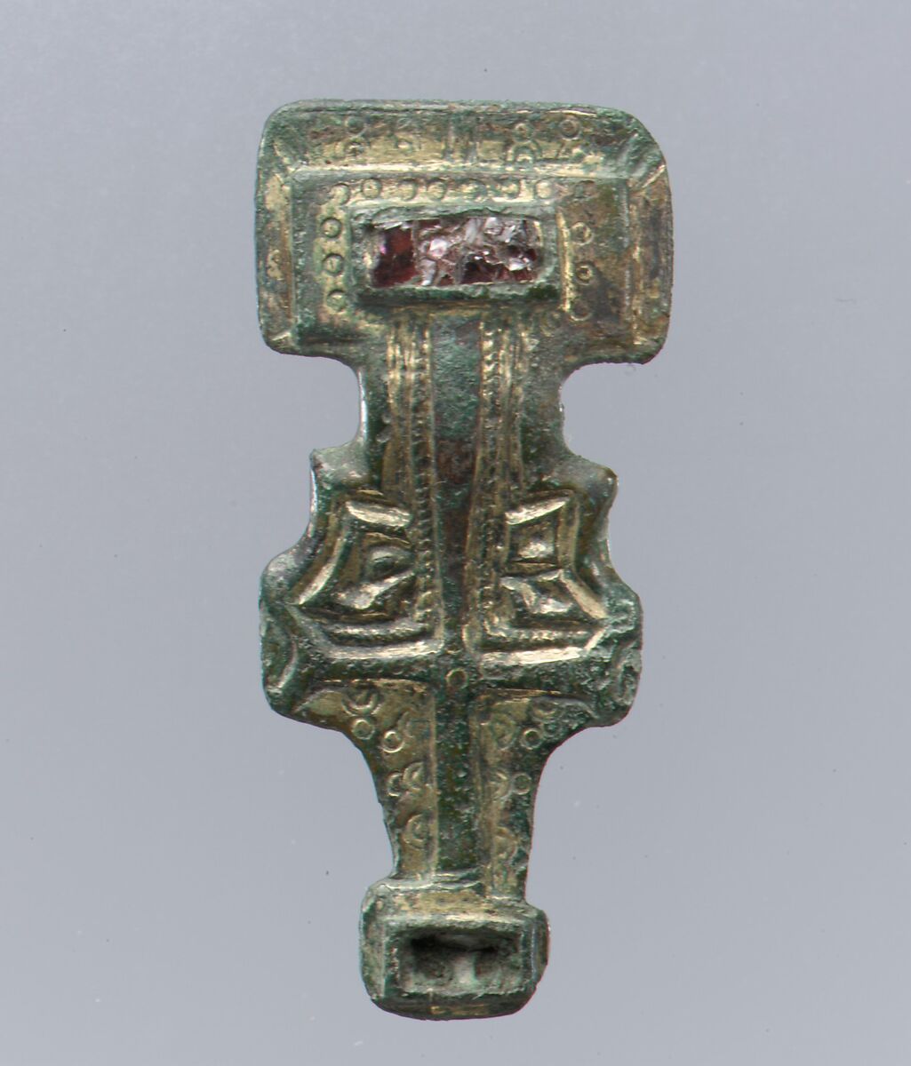 Miniature Square-Headed Brooch, Silver-gilt, garnet; iron pin, Anglo-Saxon 