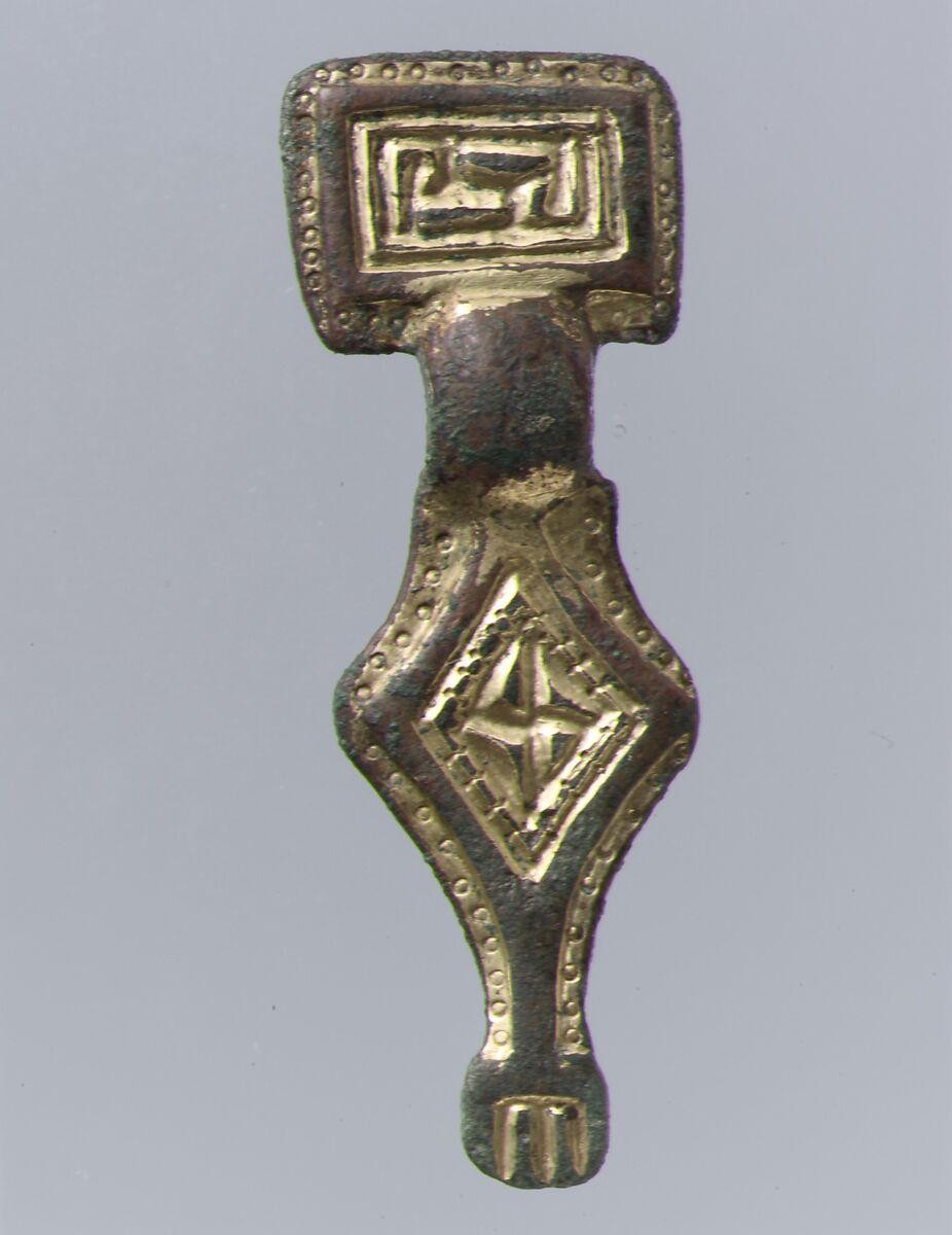 Miniature Square-Headed Brooch, Silver-gilt; iron pin, Anglo-Saxon 