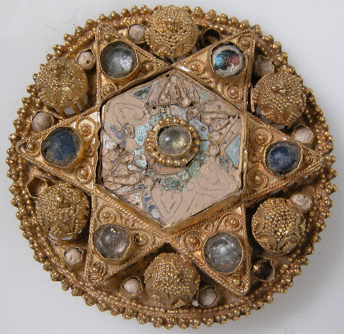 Brooch, Gold, pearls, glass, cloisonné enamel, Ottonian
