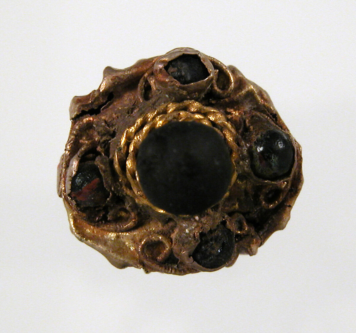 Hairpin, Silver, gold foil, paste cabochons, filigree, Frankish