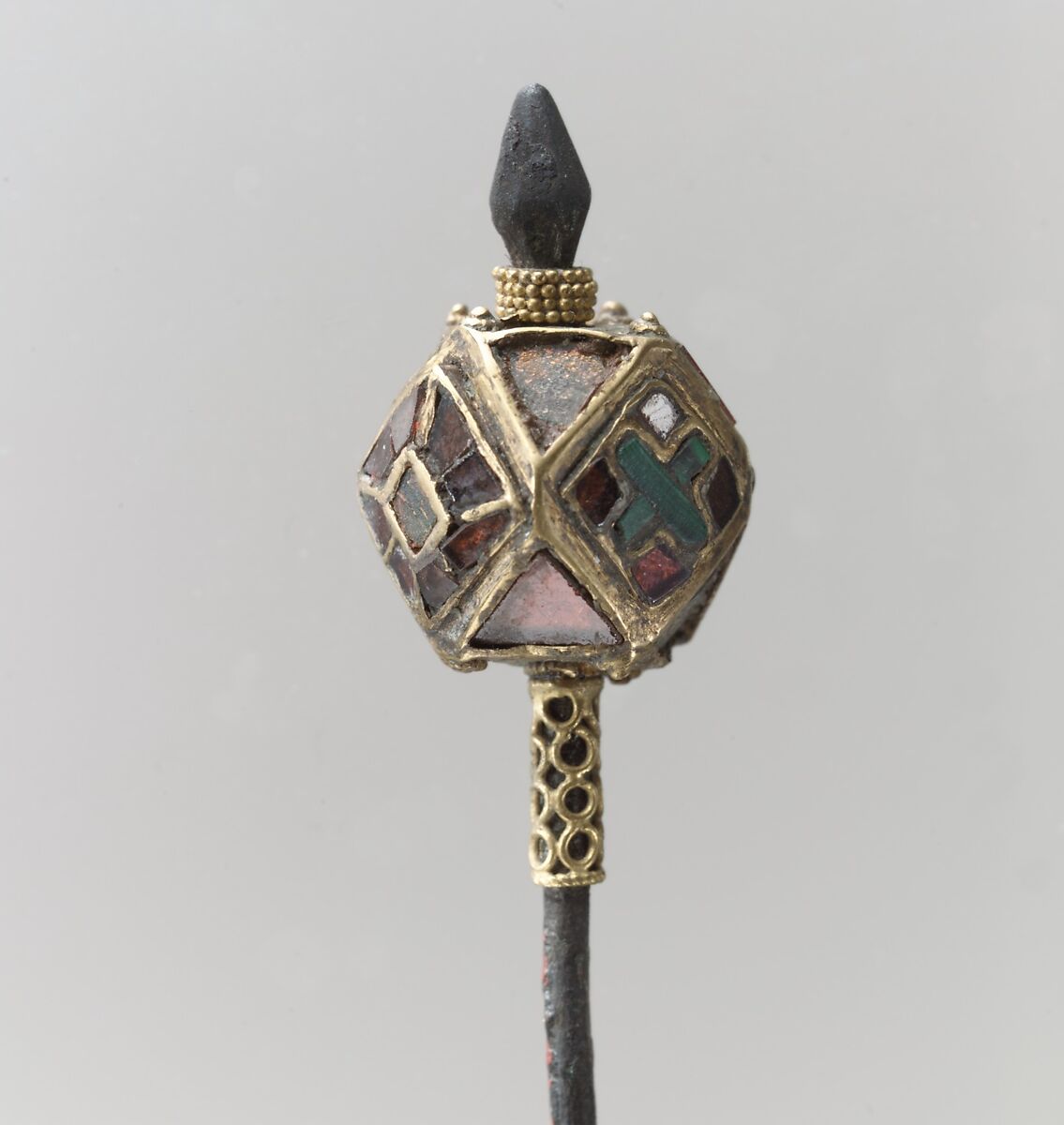 Hairpin, Silver (pin), gold (knop) with filigree granulation, garnets, Frankish
