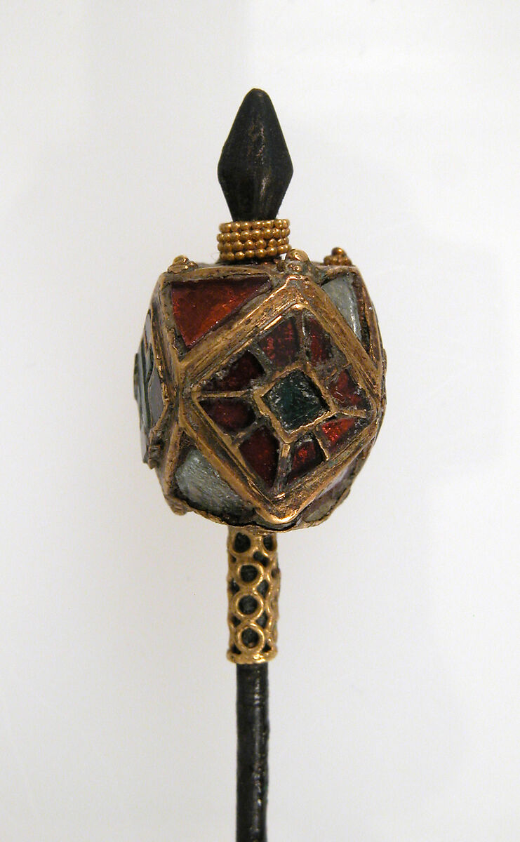 Hairpin, Silver (pin), gold (knop) with filigree granulation, garnets, Frankish