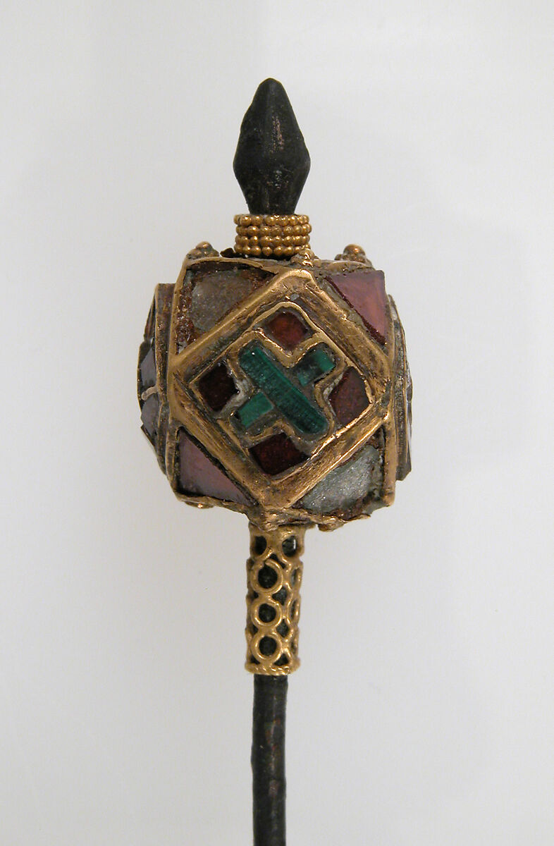 Hairpin, Silver (pin), gold (knop) with filigree granulation, garnets, Frankish
