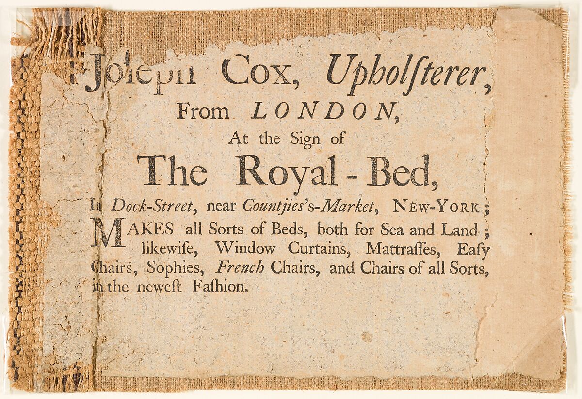 Label, Workshop of Joseph Cox (active ca. 1756–1773), Paper, American 