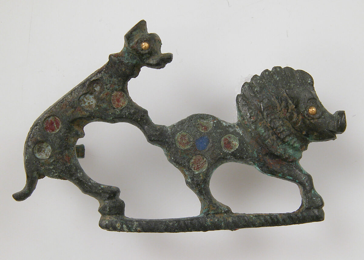 Animal-Shaped Brooch, Champlevé enamel, bronze, gold, Roman