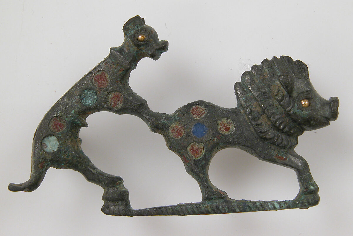 Brooch in the Form of a Dog Attacking a Boar, Champlevé enamel, bronze, gold, Roman