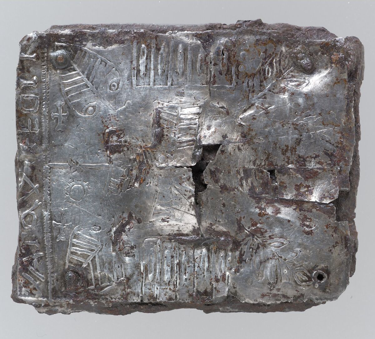 Belt Buckle Attachment Plate, Iron, repoussé silver sheet overlay; copper alloy posts, Frankish 