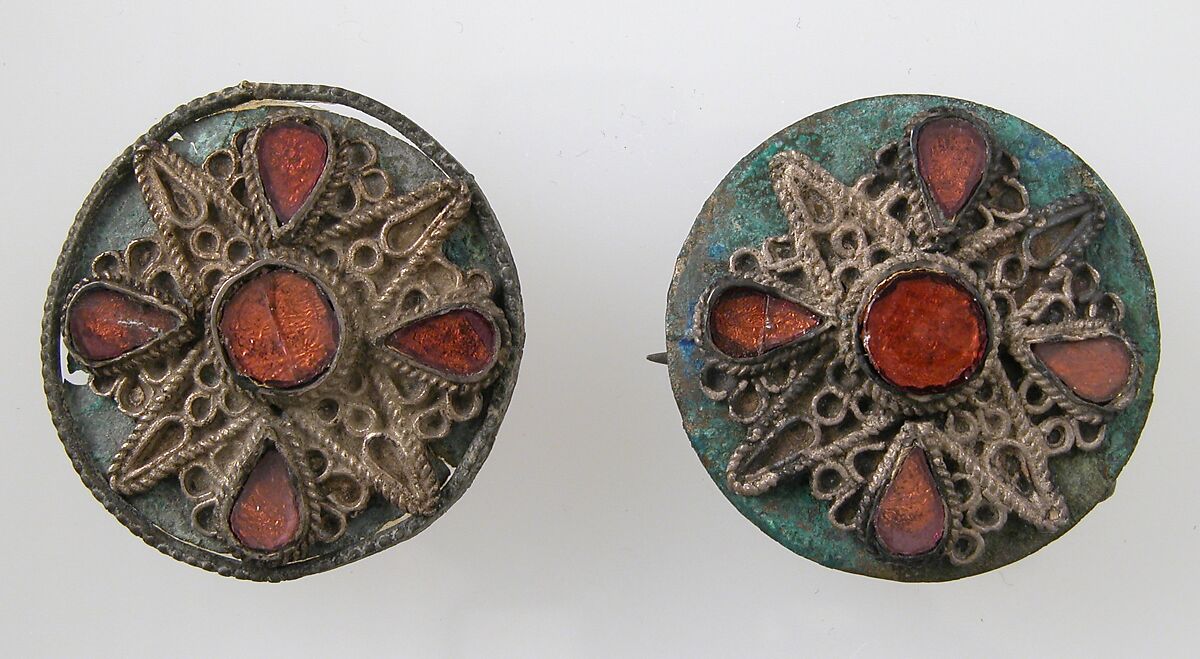 Disk Brooch, Copper alloy, silver wire, glass paste, remnant of iron pin, Frankish or Northern French