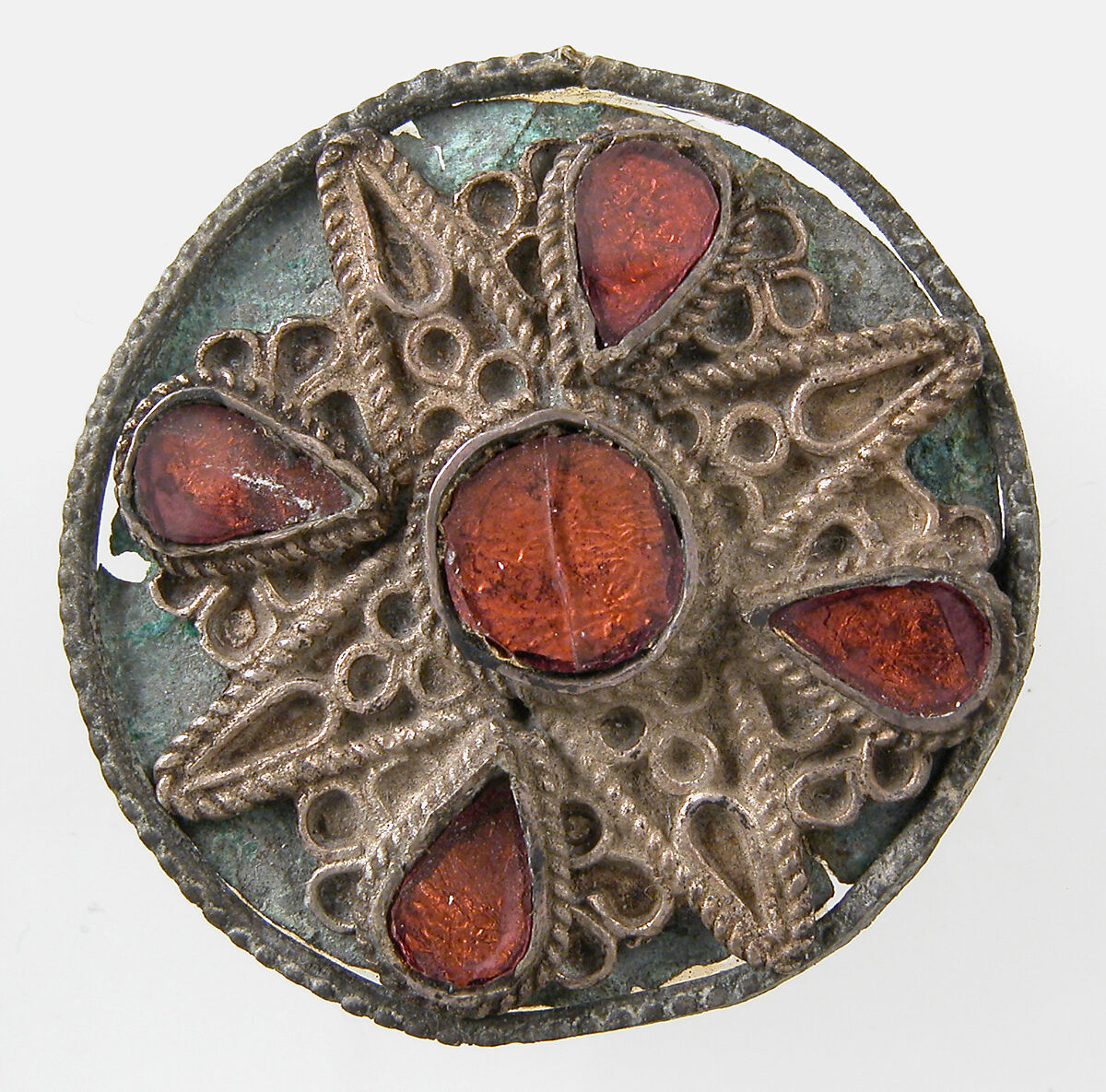 Disk Brooch, Copper alloy, silver wire, glass paste, remnant of iron pin, Frankish or Northern French 