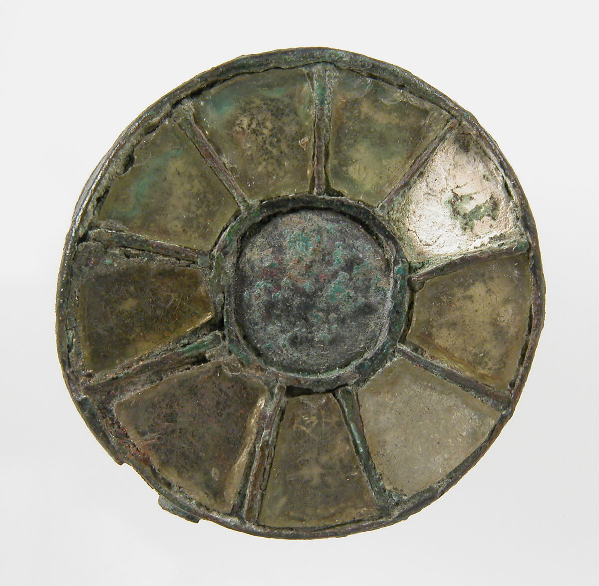 Disk Brooch, Copper alloy, glass paste, remnants of iron pin, Frankish 