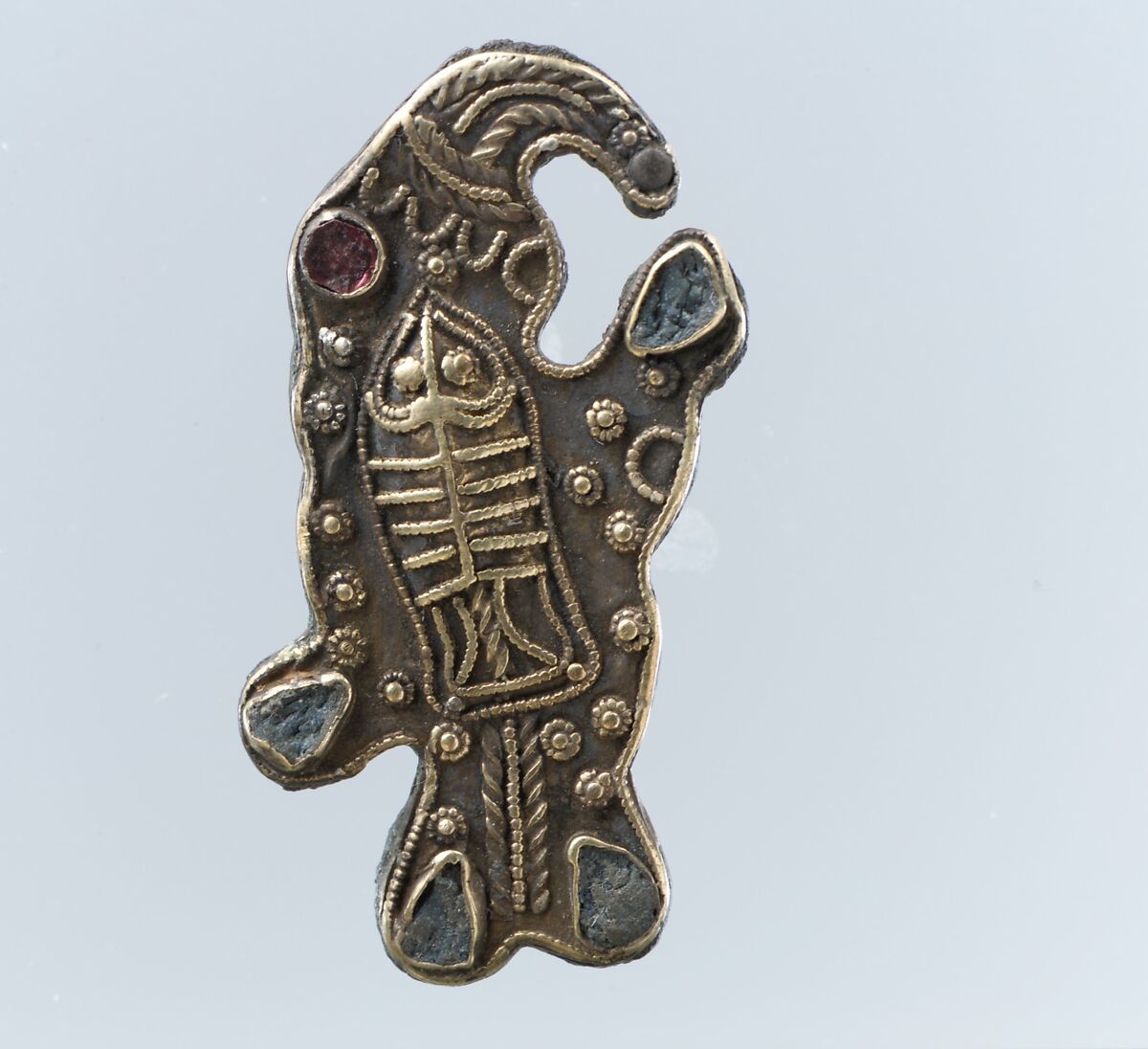 Bird-Shaped Brooch, Gold sheet with filigree and granulation and inlays of garnet and glass, Frankish 