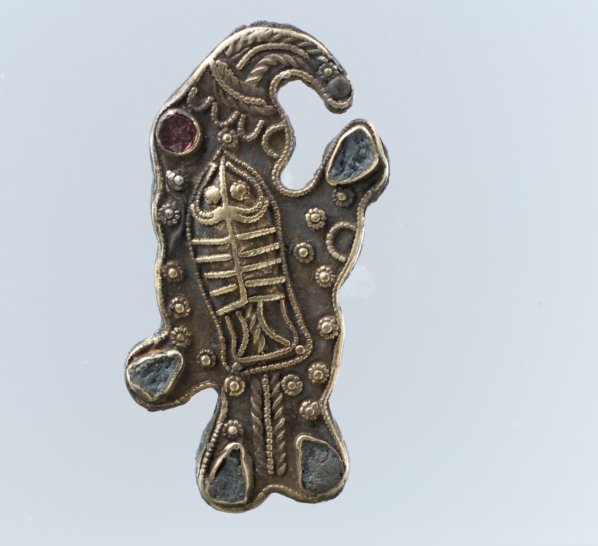 Bird-Shaped Brooch, Gold sheet with filigree and granulation and inlays of garnet and glass, Frankish