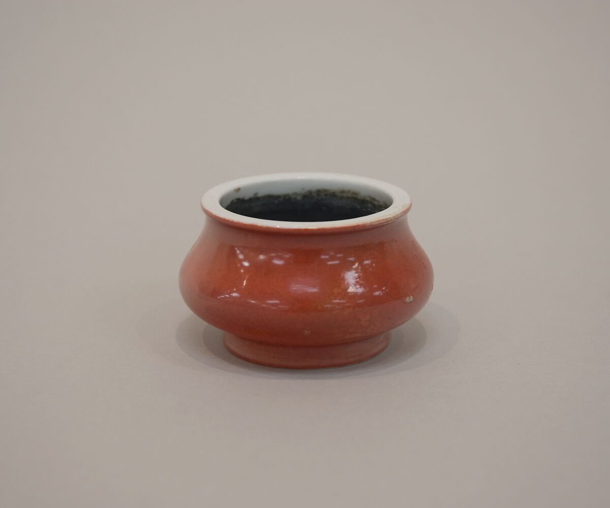 Minature incense burner, Porcelain with coral red glaze (Jingdezhen ware), China